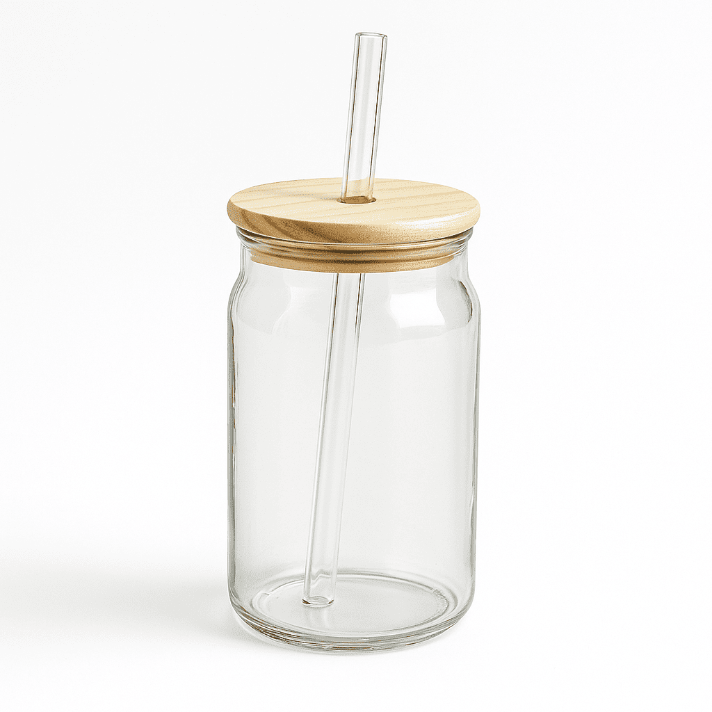 Glazito Elegant Glass Tumber with Wooden Lid and Glass Straw 500 ml