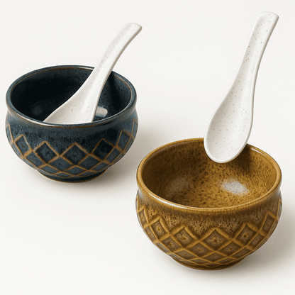 Glazito Premium Multicolour Soup Bowls with Spoons (Set of 6)(12 pc)