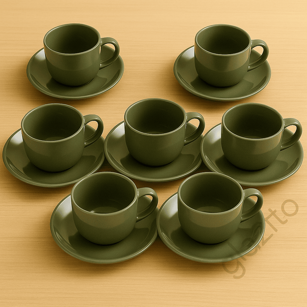 Elegant Tea / Coffee Cup and Saucer Set of 06 (12 pc) - Khakhi Green