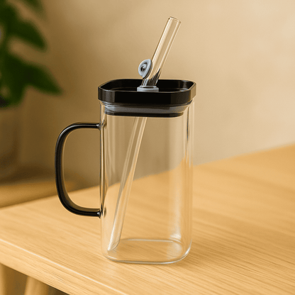 Glazito Elegant Glass Tumbler with Handle, Glass Straw & Removable Lid (Straw-Friendly Design) -380 ml