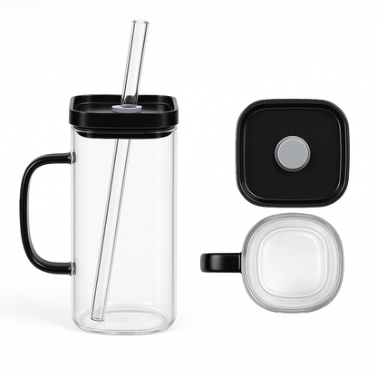 Glazito Elegant Glass Tumbler with Handle, Glass Straw & Removable Lid (Straw-Friendly Design) -380 ml