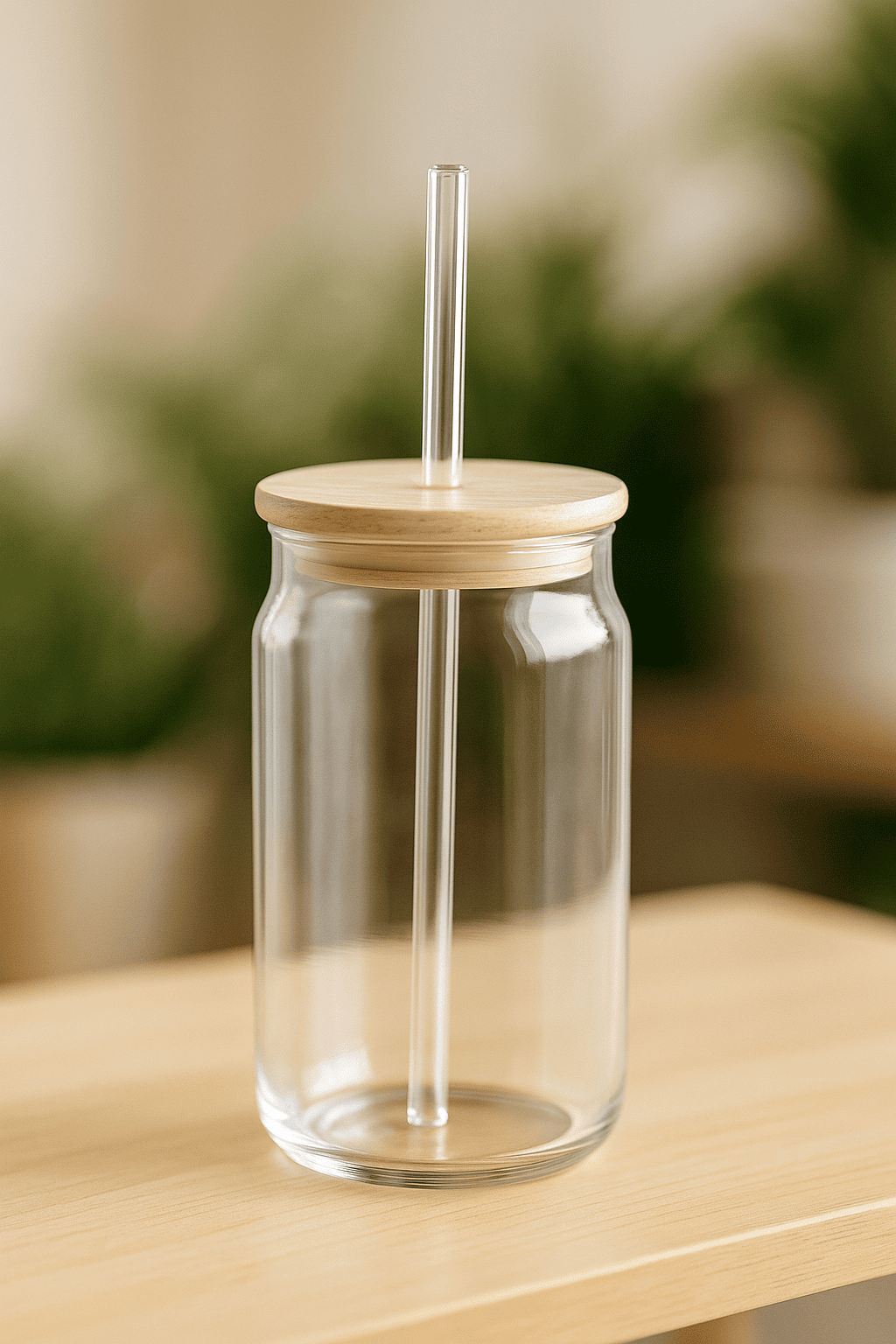 Glazito Elegant Glass Tumber with Wooden Lid and Glass Straw 500 ml