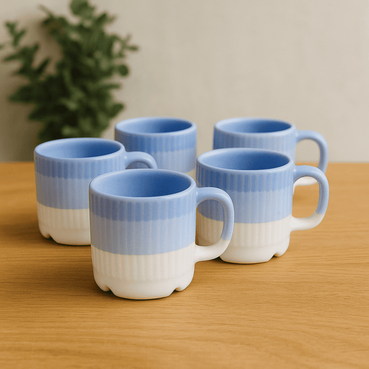 Glazito Premium MultiShade Cylindrical Tea Cups (Set of 6) 160 ml - Tone of Blue White