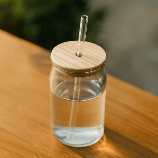 Glazito Elegant Glass Tumber with Wooden Lid and Glass Straw 500 ml