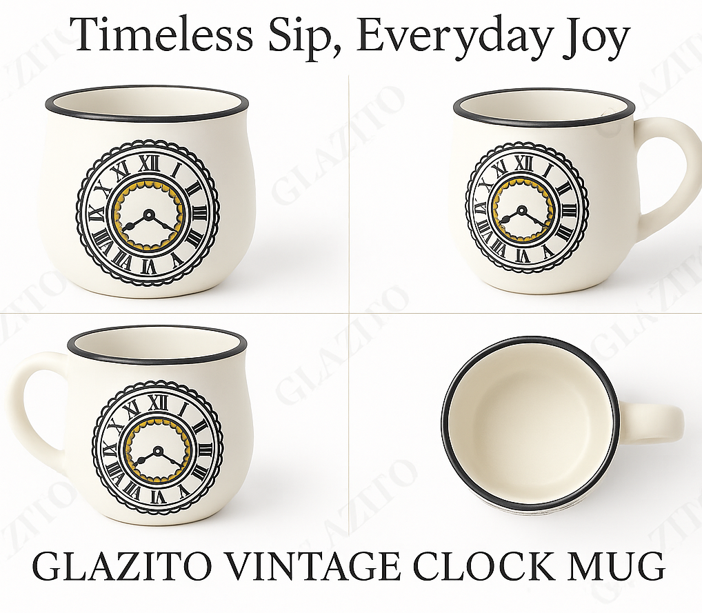 Set of Glazito Vintage Clock Cofee/ Tea Cups Stoneware 200ml