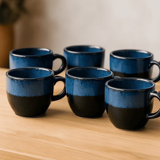 Glazito Premium Dual Colour Tea Cups (Set of 6) 150 ml - Tone of Blue and Black